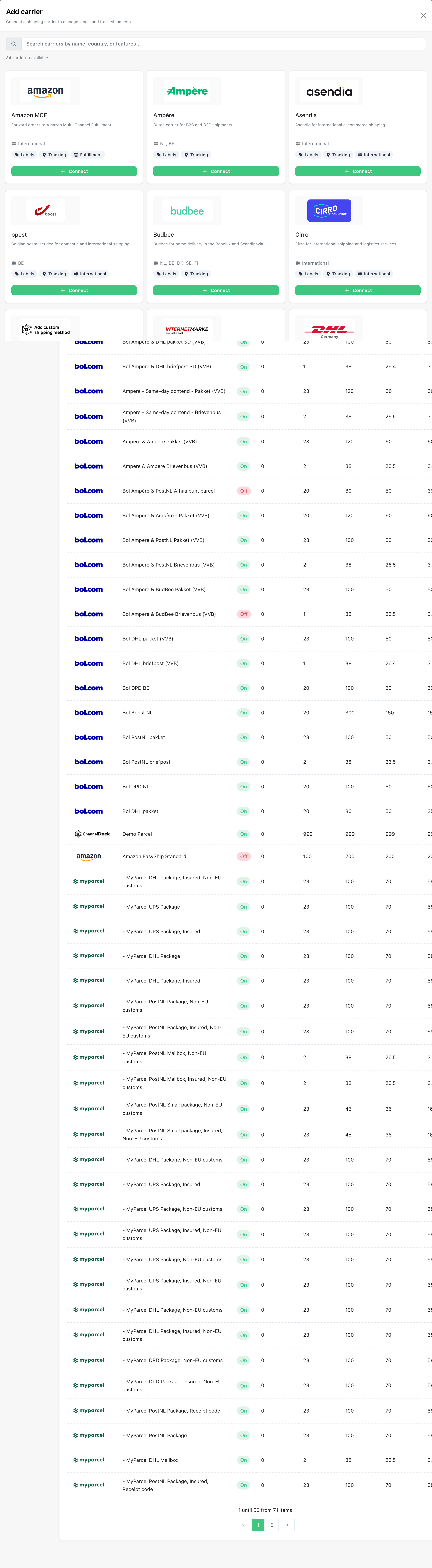 Carrier search modal