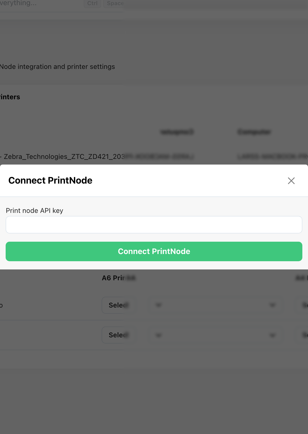 PrintNode API key modal