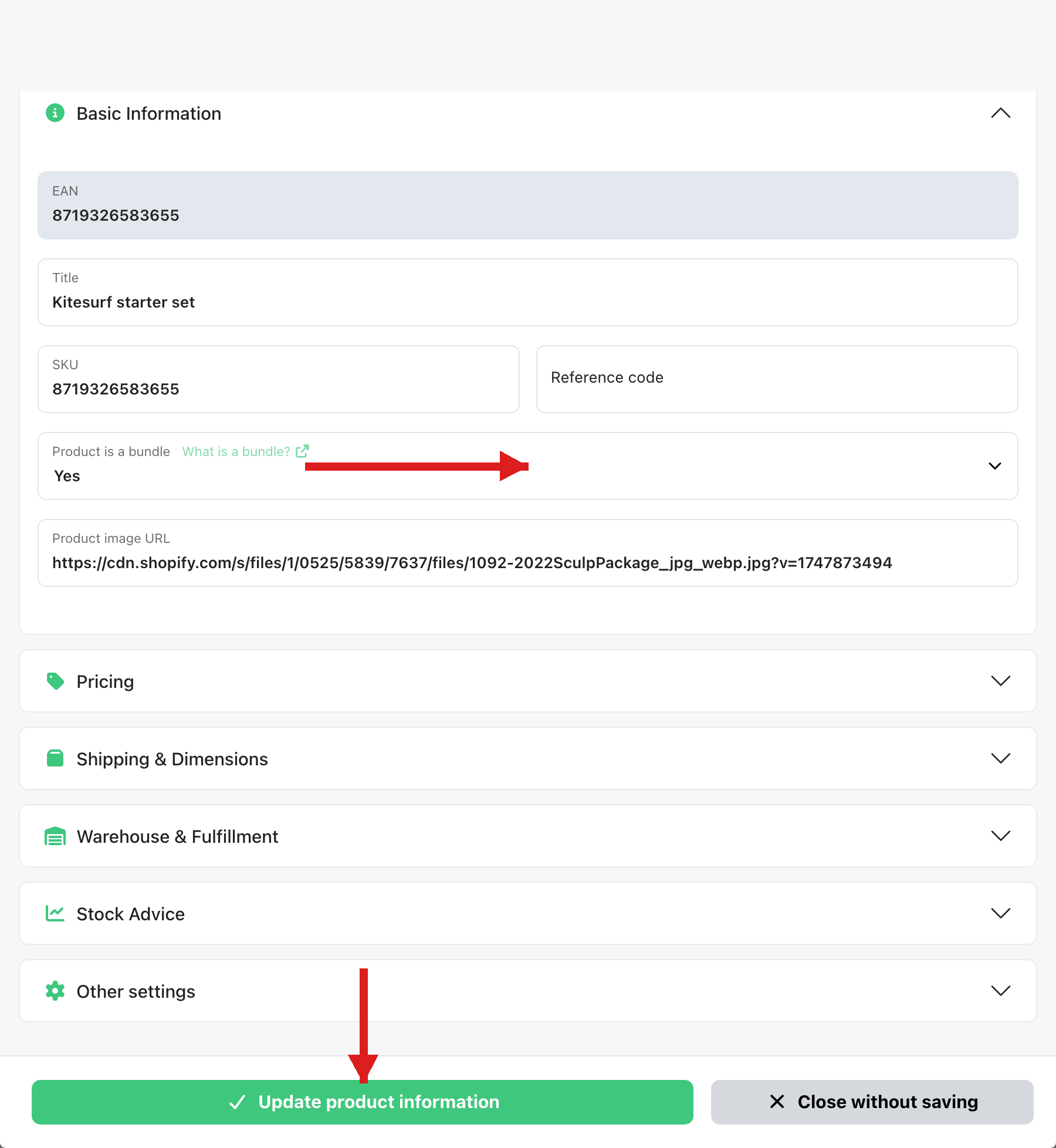 Set Product is a bundle to Yes and update