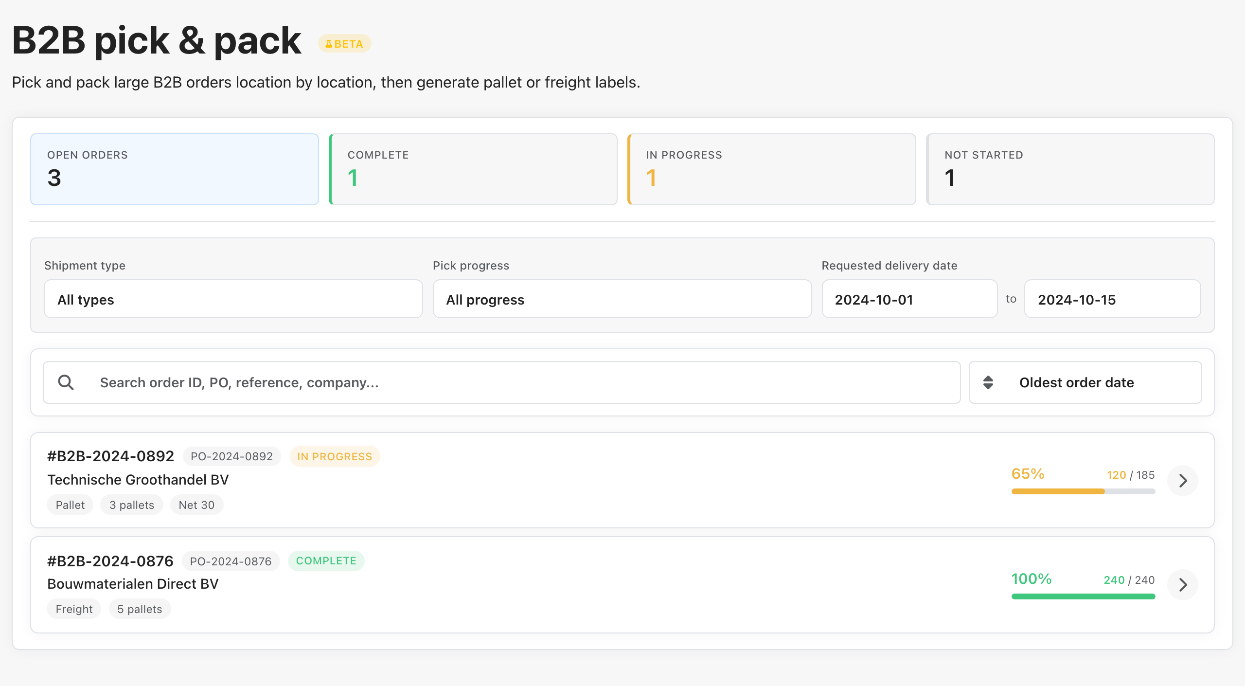 B2B pick & pack list with filters