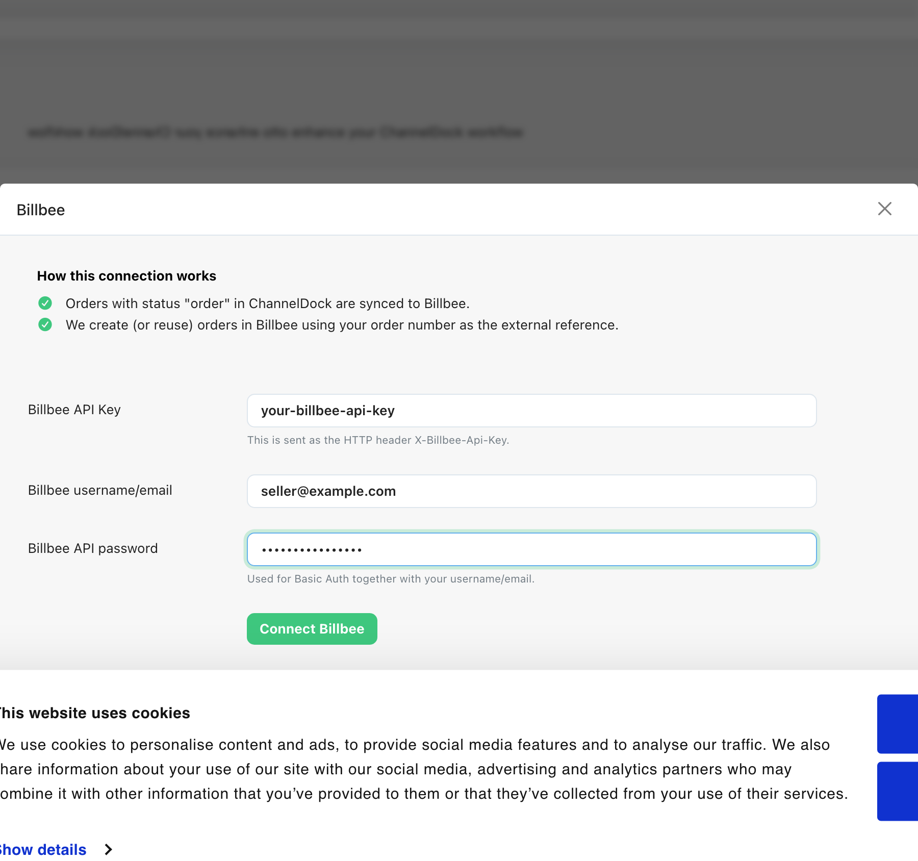 Billbee connect modal