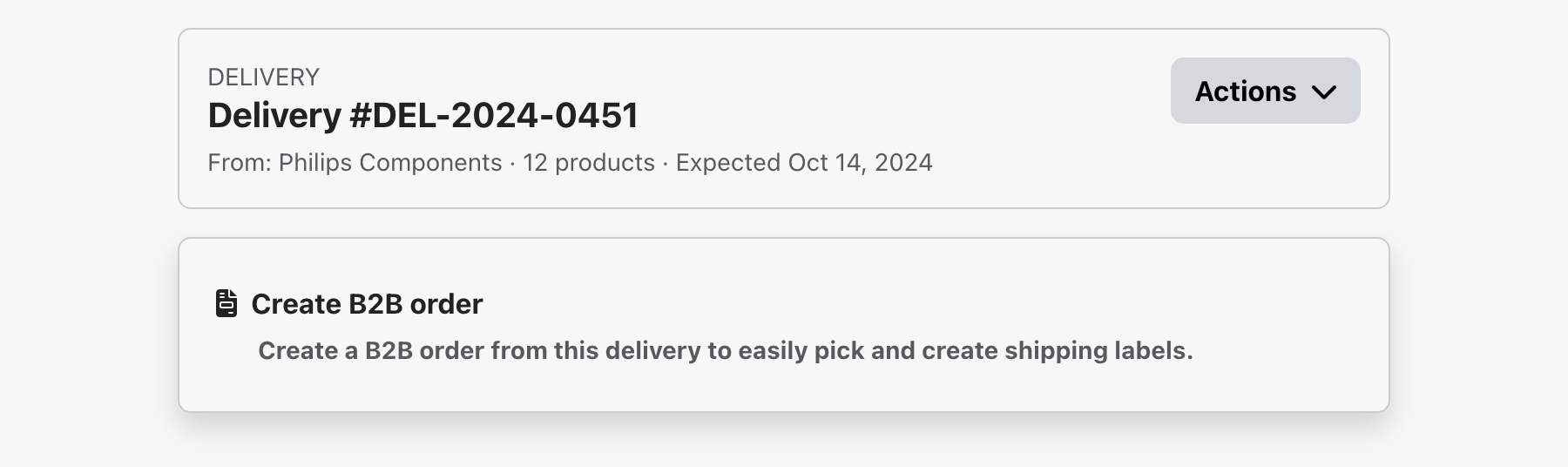 Delivery → Create B2B order action