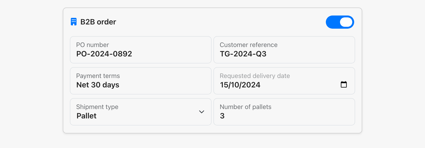B2B fields: PO number, customer reference, payment terms, shipment type, pallets