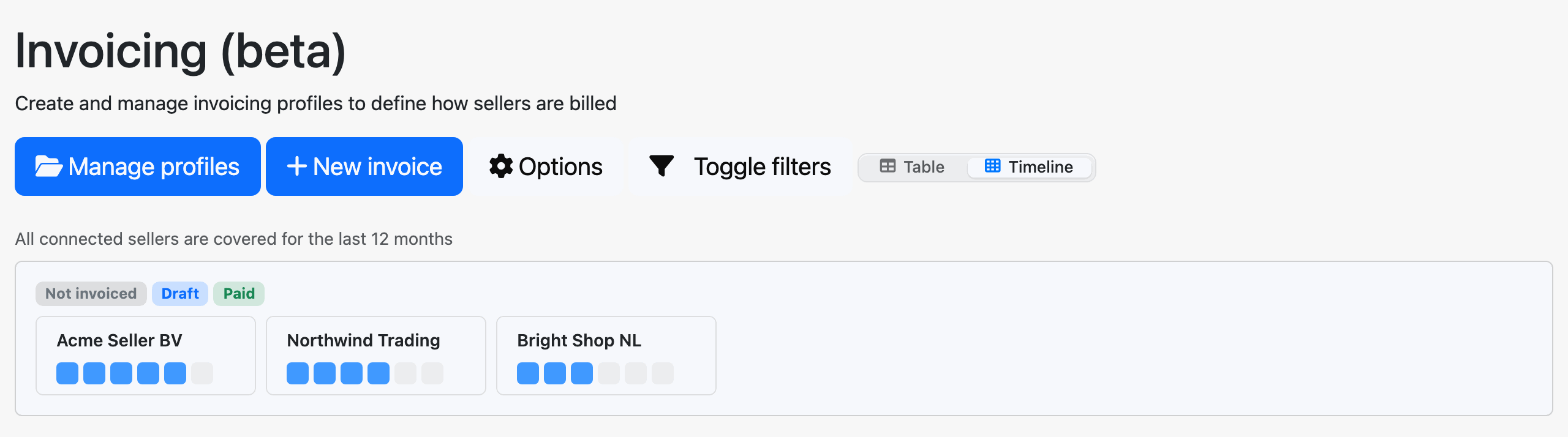 Create invoice: overview → new invoice modal → export table