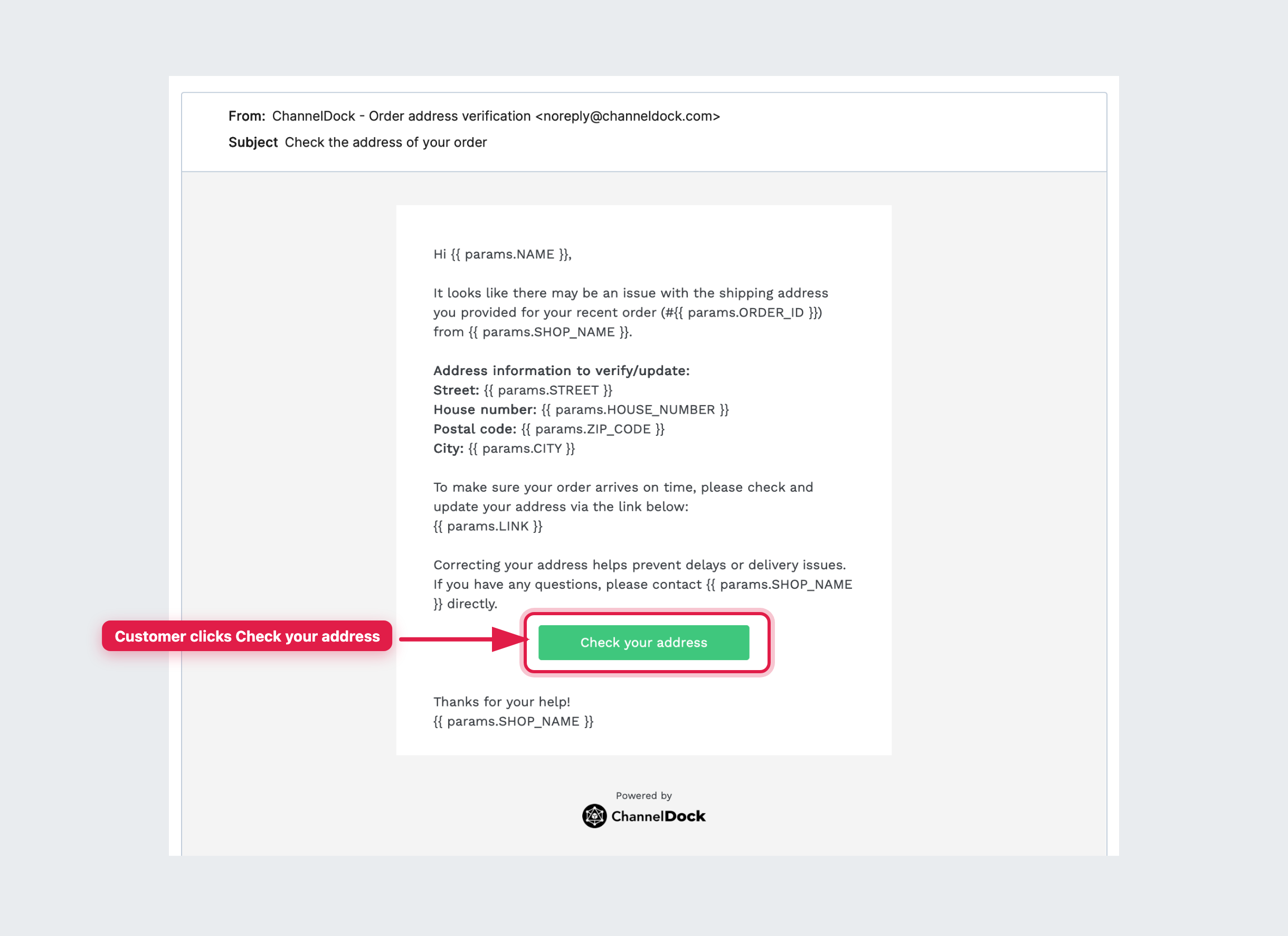 Customer email with Check your address button