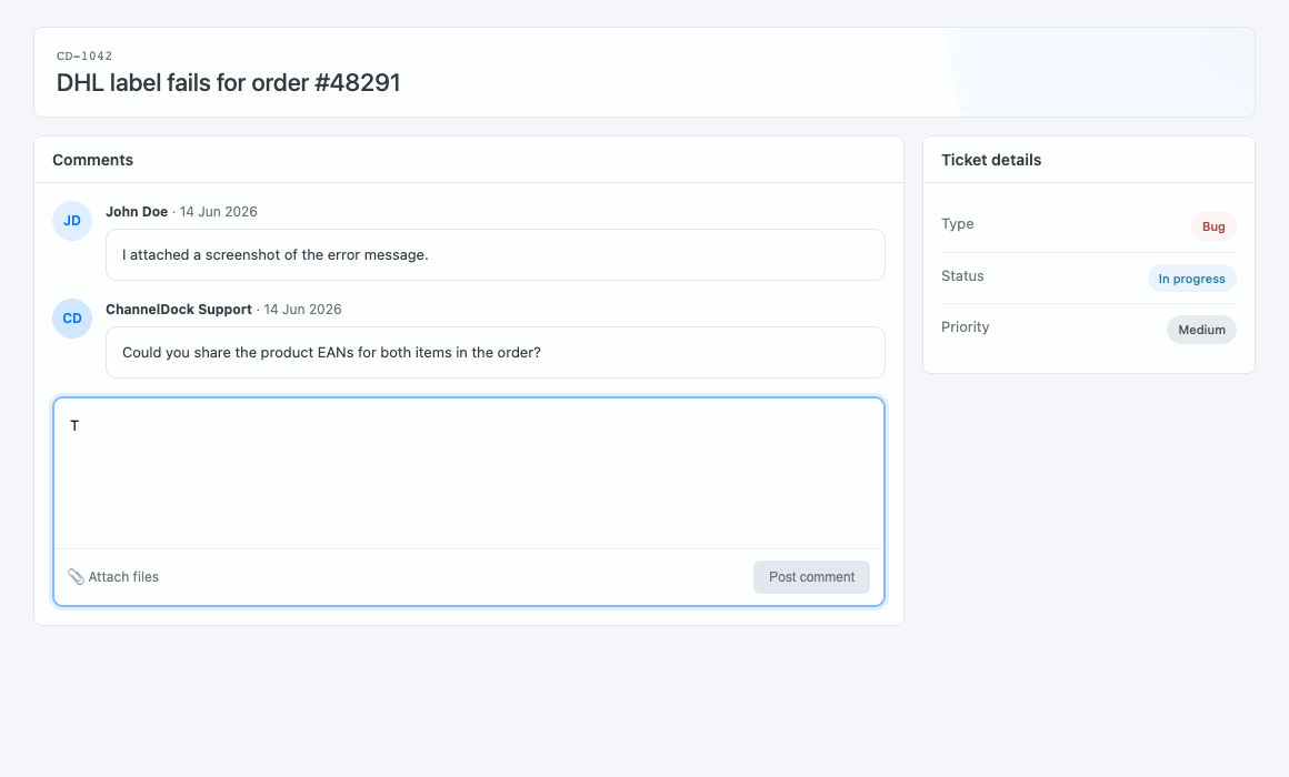 Reply to a ticket — type your response, attach files, and post a comment