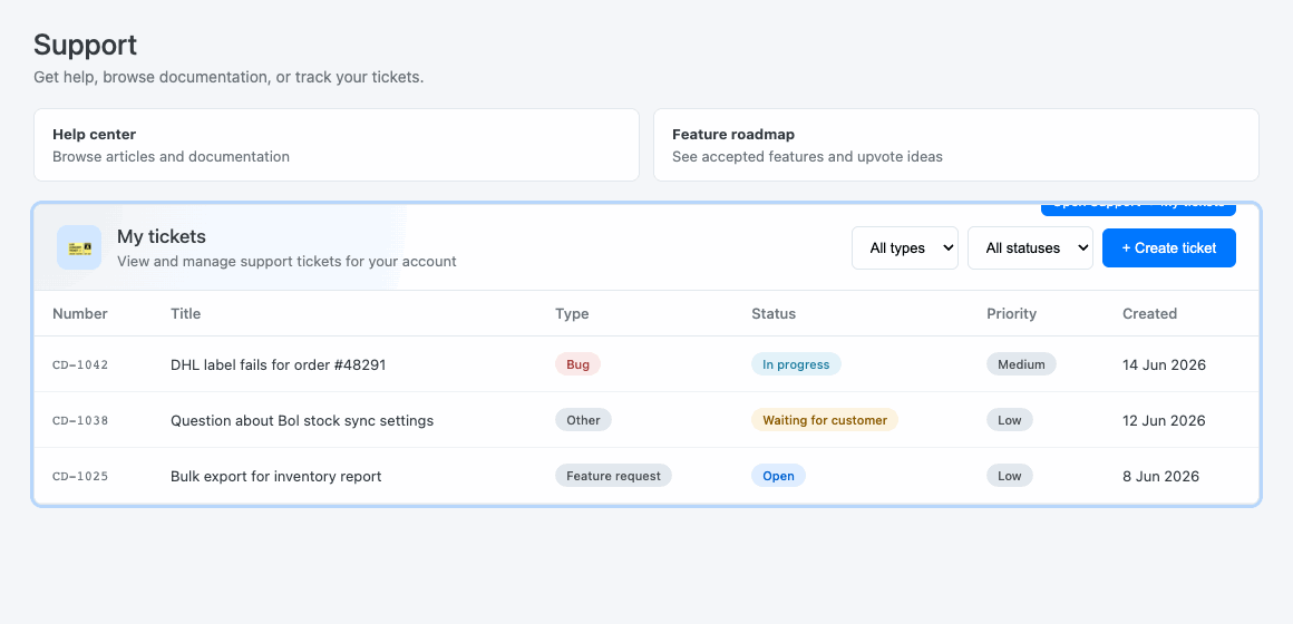 Ticket overview — My tickets on the Support page, with status per request