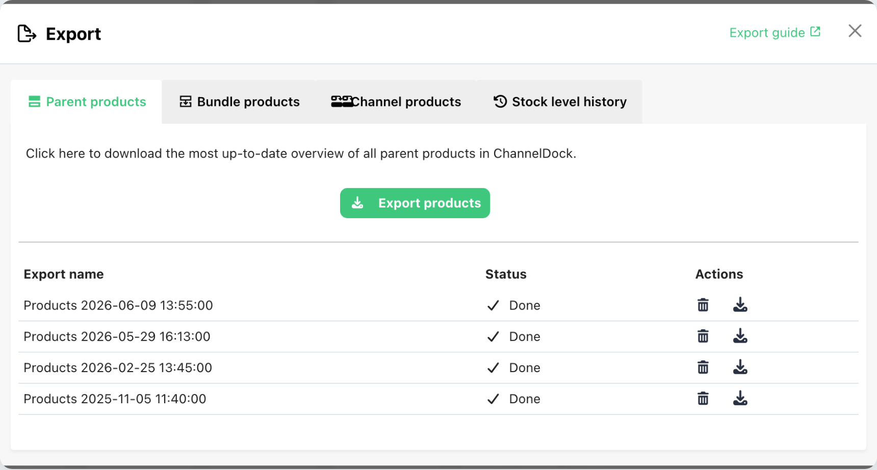 Export modal