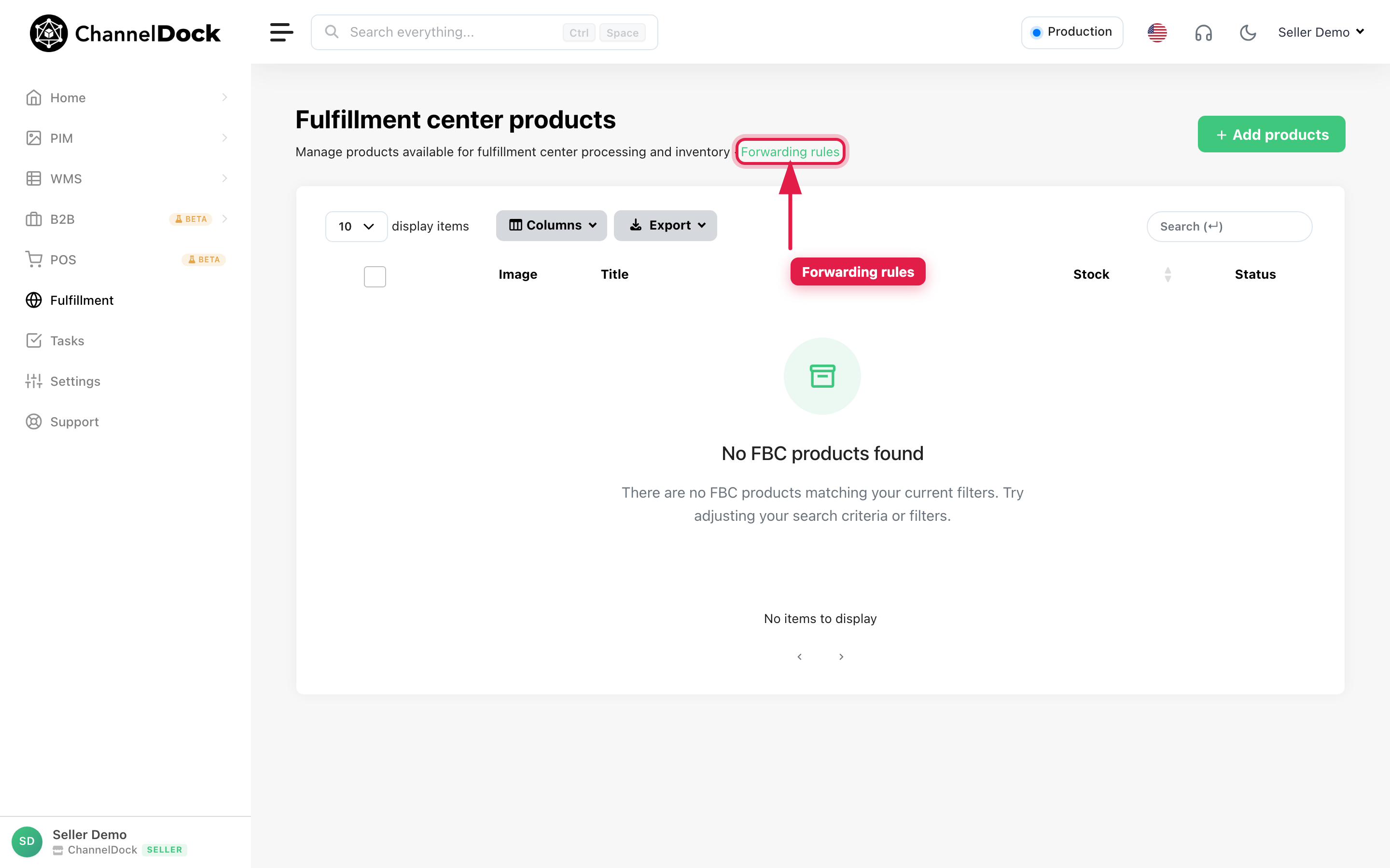 Forwarding rules link on the products page