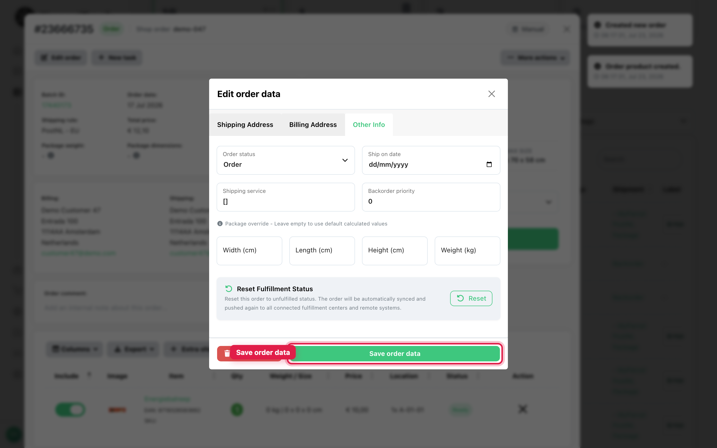 Save order data