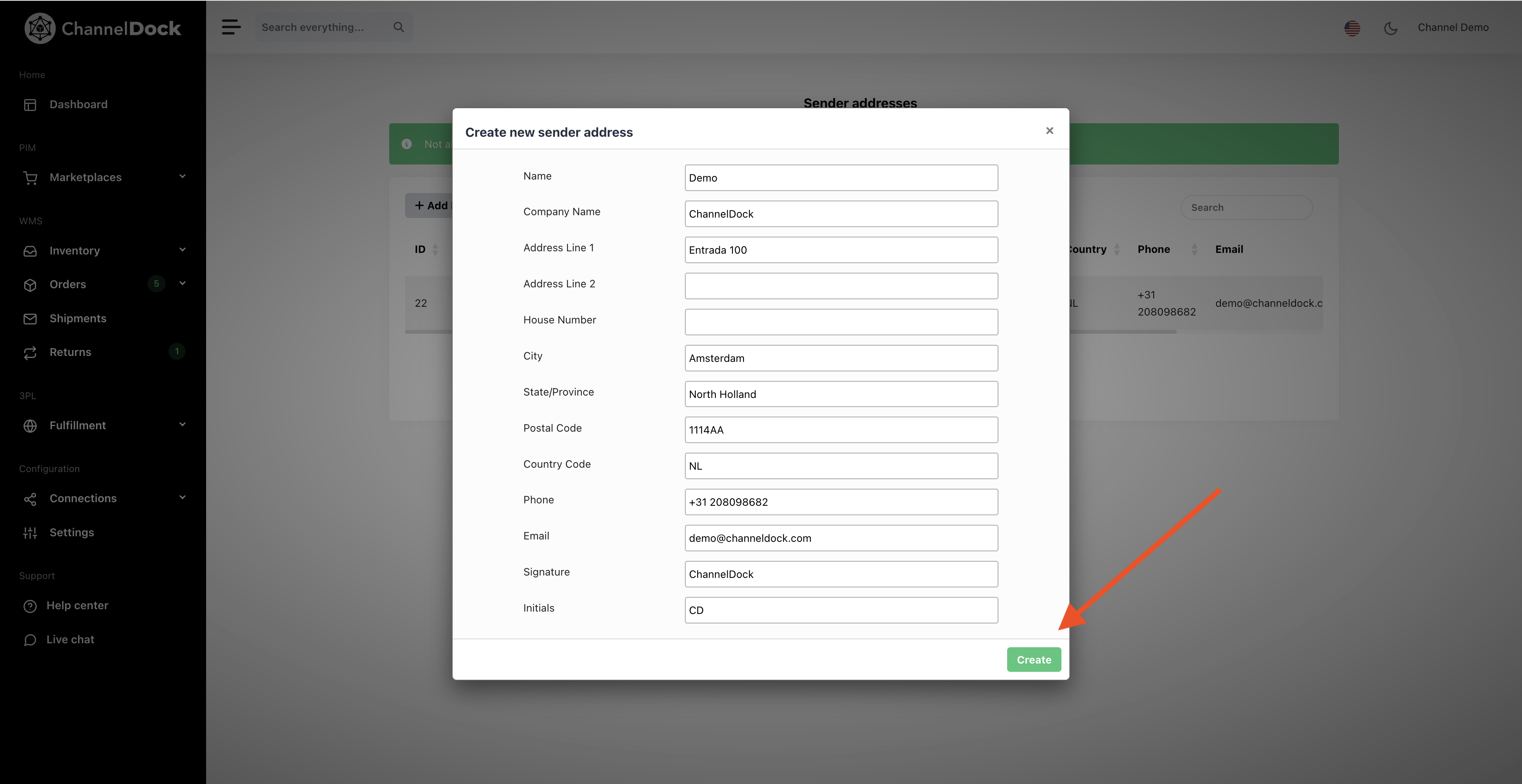 Create a sender address