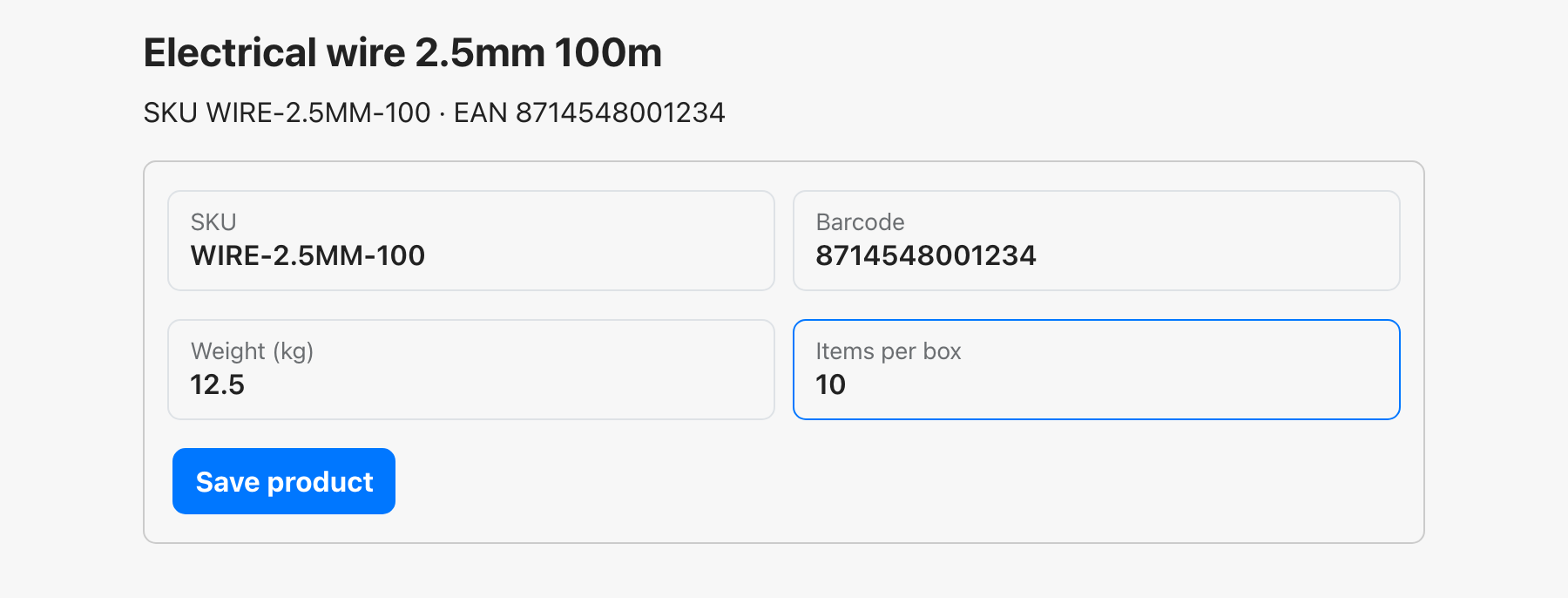 Items per box field on the product details screen